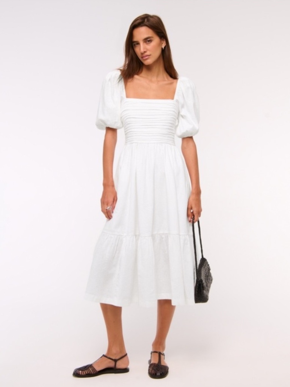 Abercrombie & Fitch White Puff-Sleeve Square Neck Midi Dress
